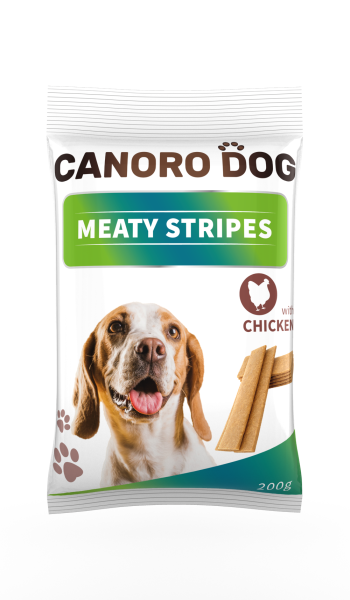 CANORO Meaty Stripe Chicken 200 g csirkés jutalomfalat felnőtt kutyáknak. 