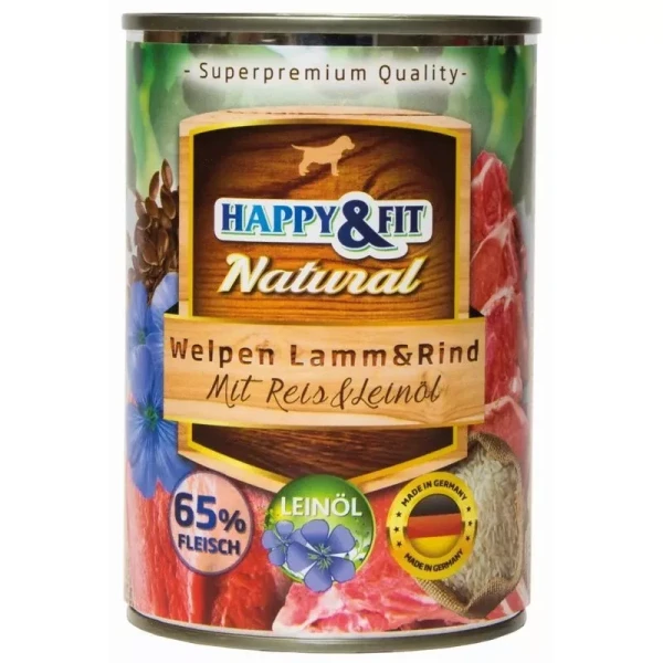 Happy&Fit Natural Dog Konzerv Junior Bárány & Marha Rizzsel & Lenmagolajjal 6x400g - 6x400g
