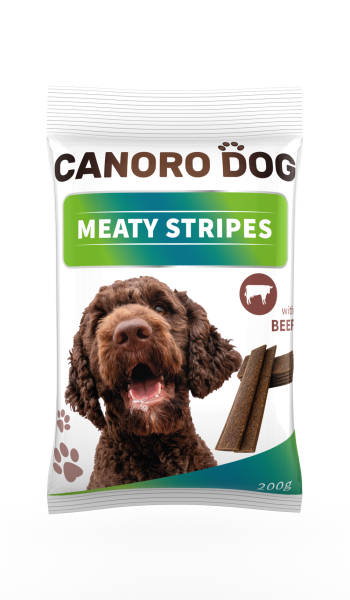 CANORO Meaty Stripes Beef 200 g marhahúsos jutalomfalat felnőtt kutyáknak. 